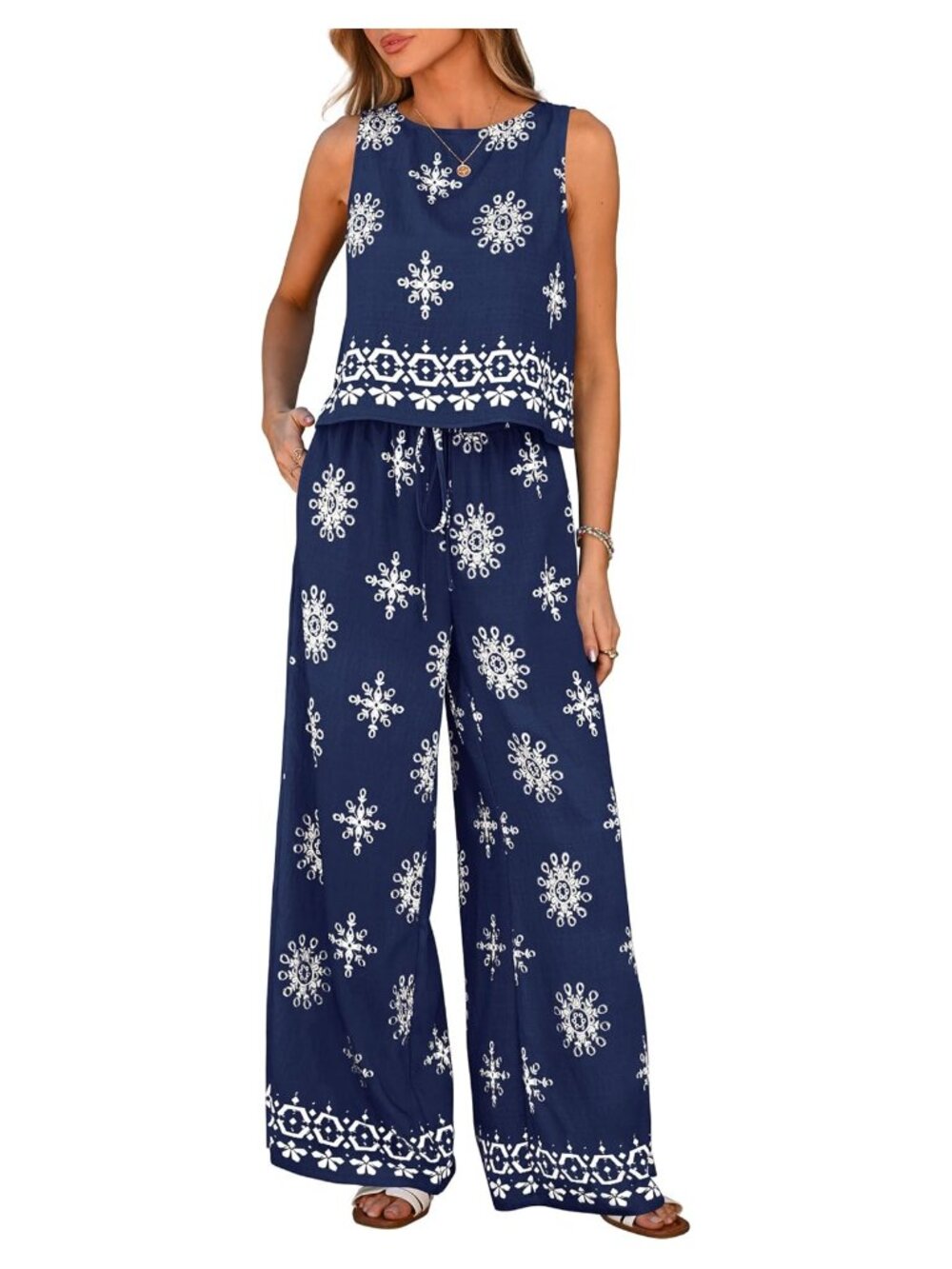 Women's Floral Boho 2 Piece Lounge Set Sleeveless Wide Leg Pants